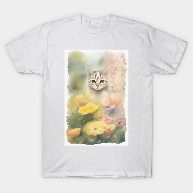 Striped Cat in the Flower Garden Soft Pastel Colors T-Shirt by Stades